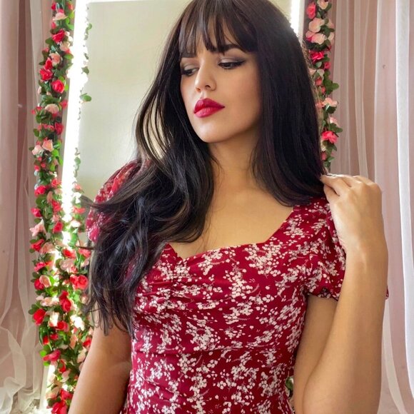 Burgundy Floral Midi Dress with side slit - Picture 9 of 11